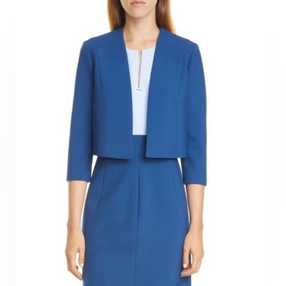 NWT Hugo BOSS Jikiva Blue Collarless Ponte Crop Jacket Size 4 - Picture 1 of 8